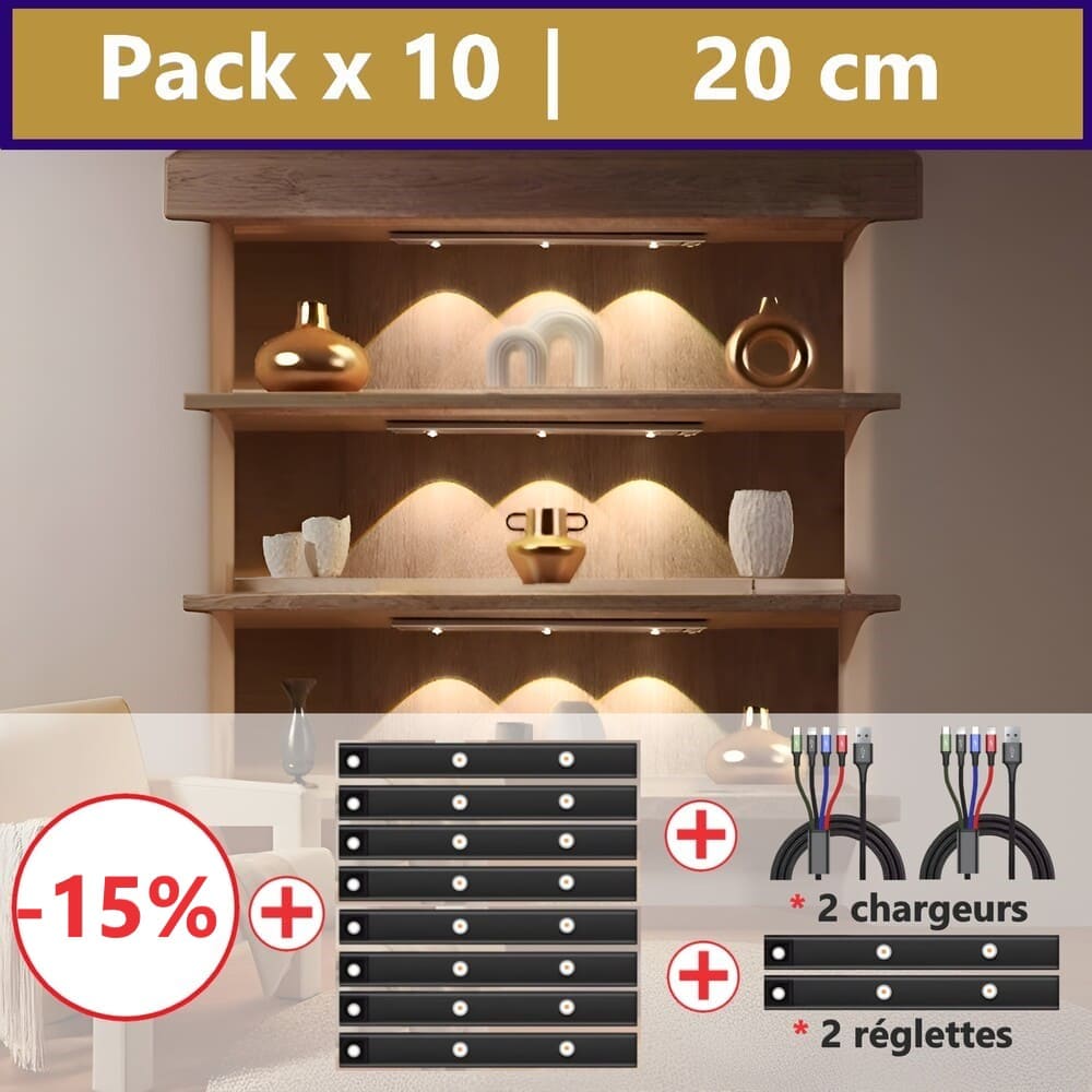 Pack 10 réglettes sans fil 20cm + 2 x Multi USB-C Offerts