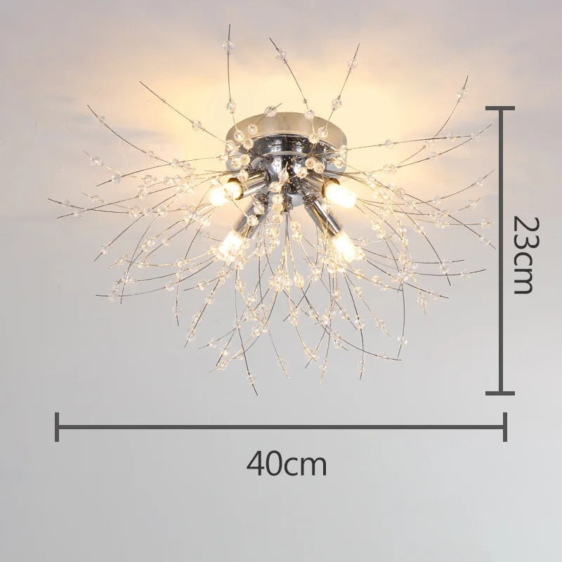Plafonnier métal et perles de cristal en forme de pissenlit