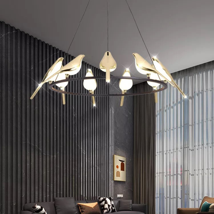 Lustre LED design oiseaux dorés