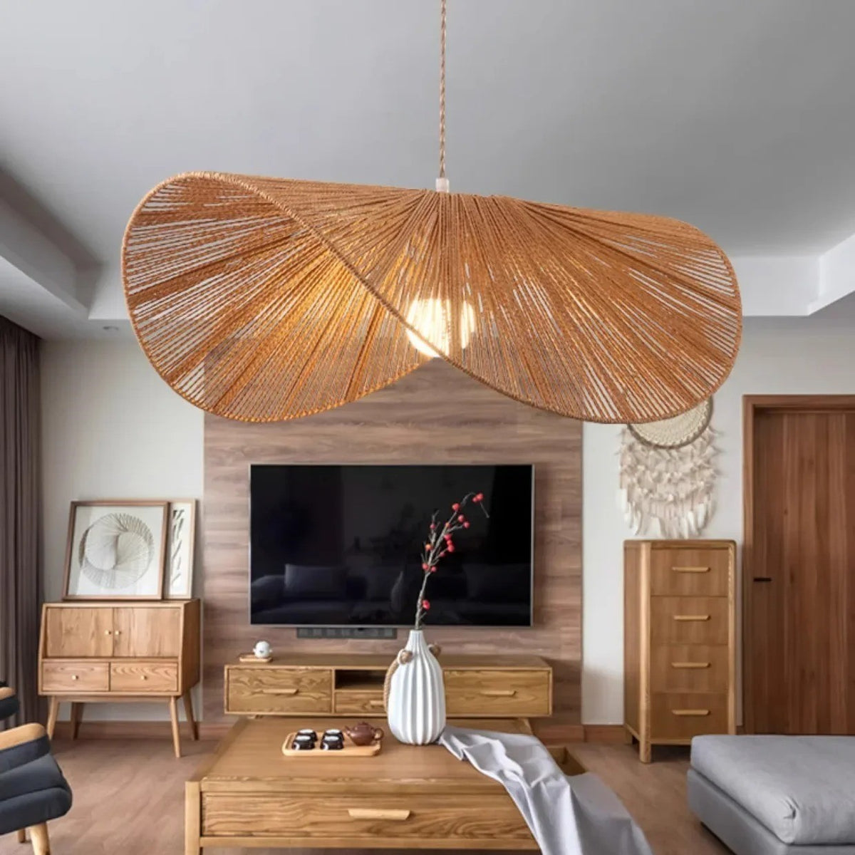 Suspension corde naturelle rotin | Style wabi sabi