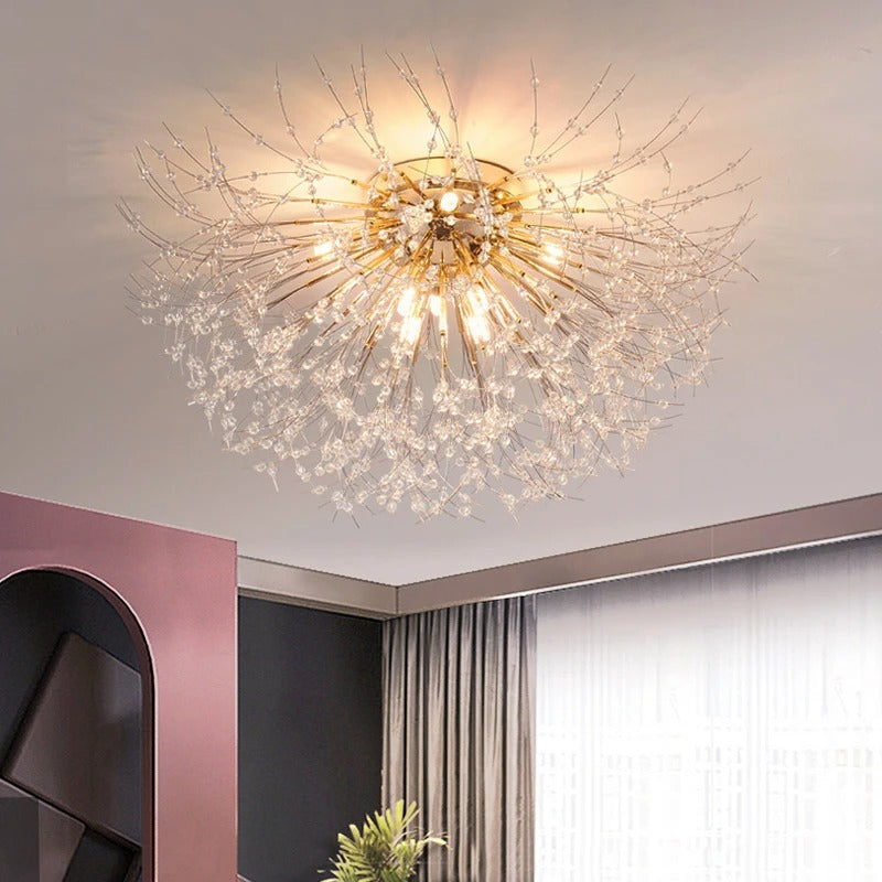 Plafonnier métal et perles de cristal en forme de pissenlit