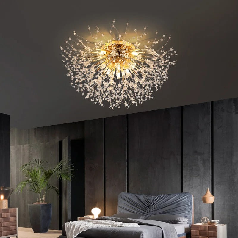 Plafonnier métal et perles de cristal en forme de pissenlit