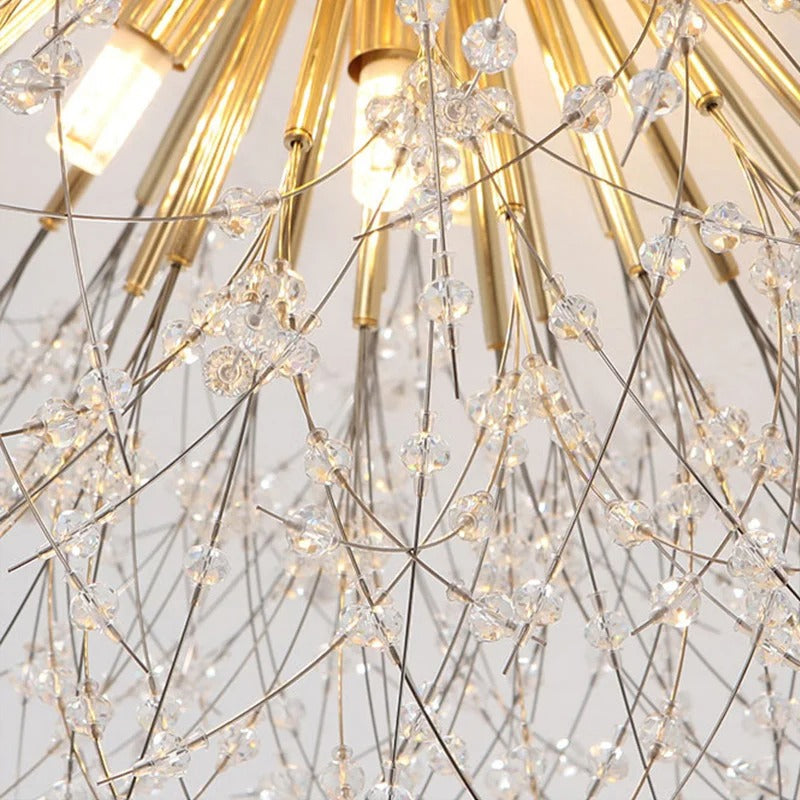 Plafonnier métal et perles de cristal en forme de pissenlit