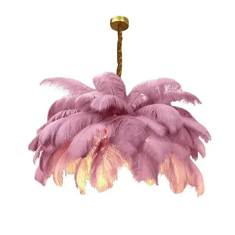 Lustre doré en plumes blanches en forme de palmier