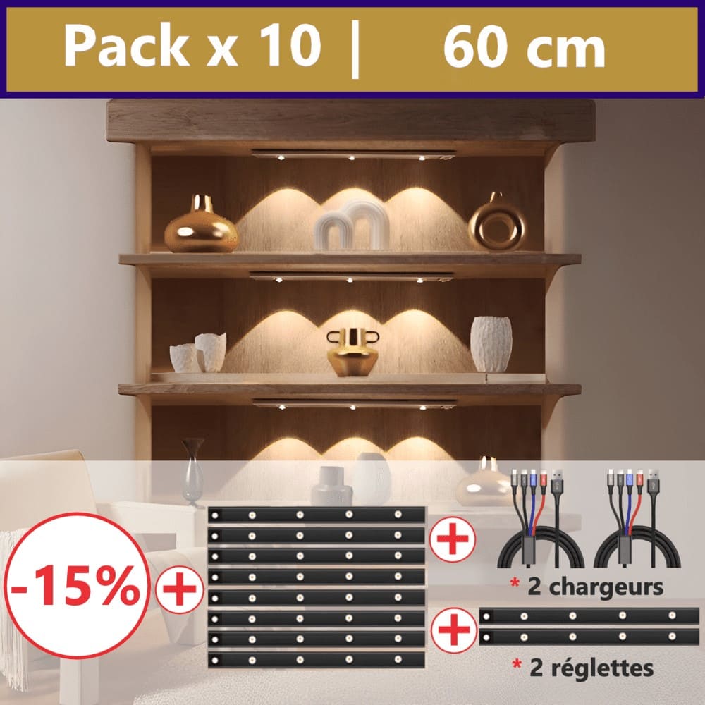 Pack 10 réglettes sans fil 60cm + 2 x Multi USB-C Offerts