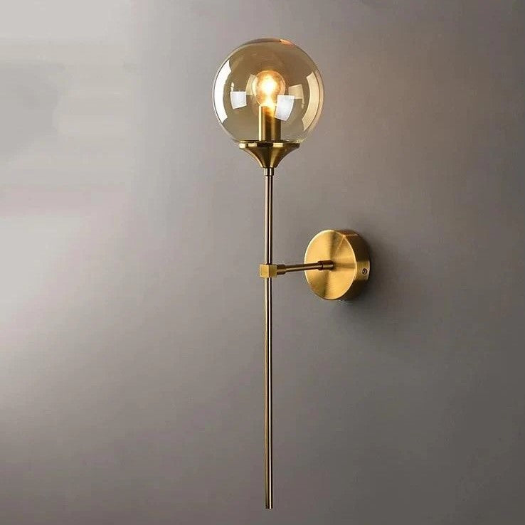 Applique murale métallique dorée avec boule en verre, gris fumé ou transparent