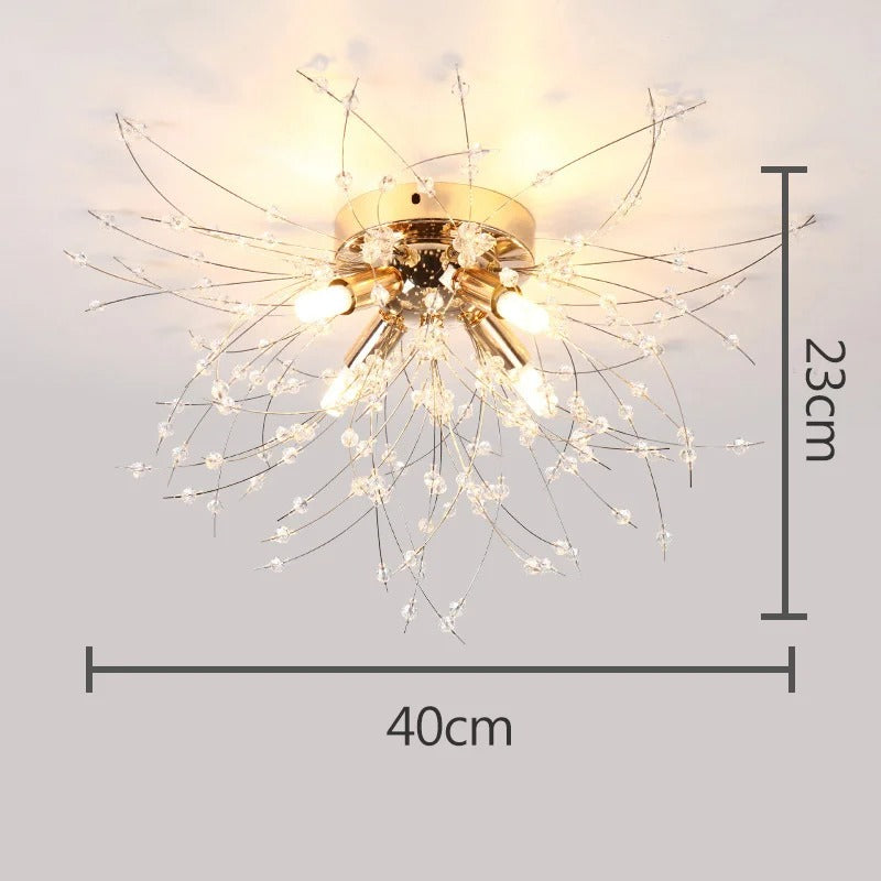 Plafonnier métal et perles de cristal en forme de pissenlit