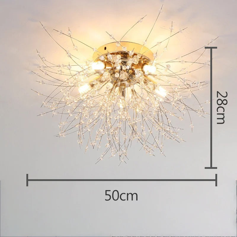 Plafonnier métal et perles de cristal en forme de pissenlit