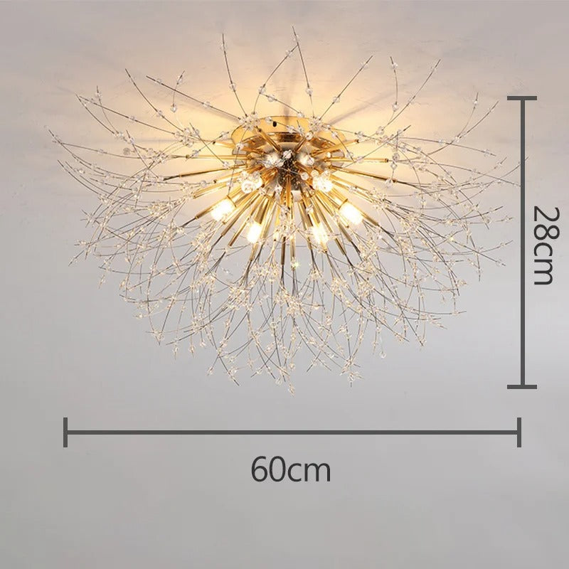 Plafonnier métal et perles de cristal en forme de pissenlit