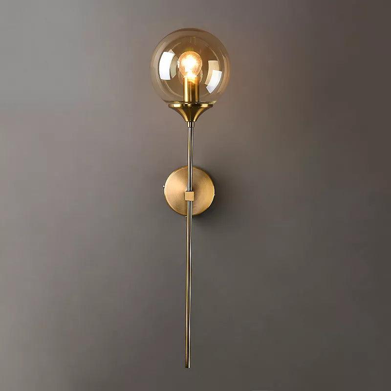 Applique murale métallique dorée avec boule en verre, gris fumé ou transparent