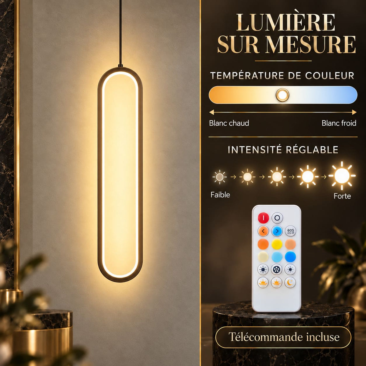 Lustre pendant / Suspension moderne en aluminium noir ou or au style minimaliste