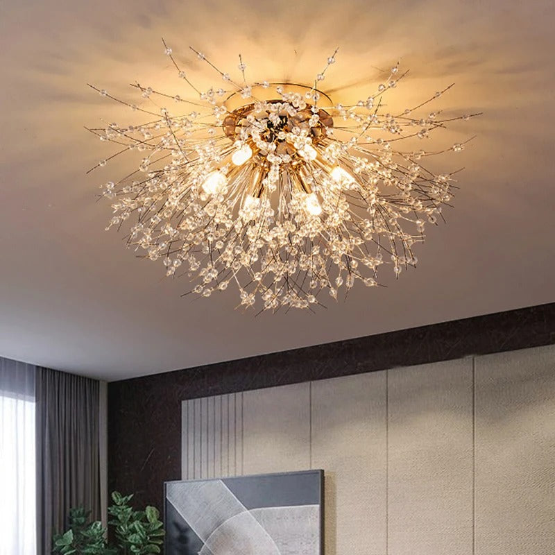 Plafonnier métal et perles de cristal en forme de pissenlit