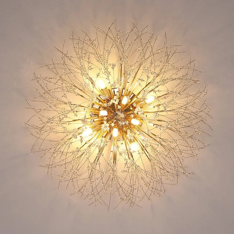 Plafonnier métal et perles de cristal en forme de pissenlit