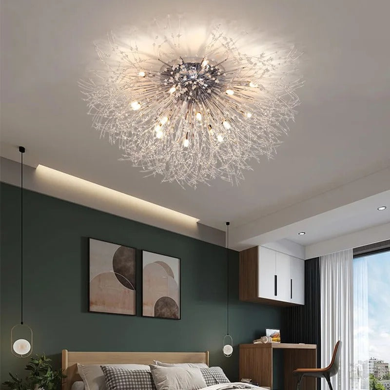 Plafonnier métal et perles de cristal en forme de pissenlit