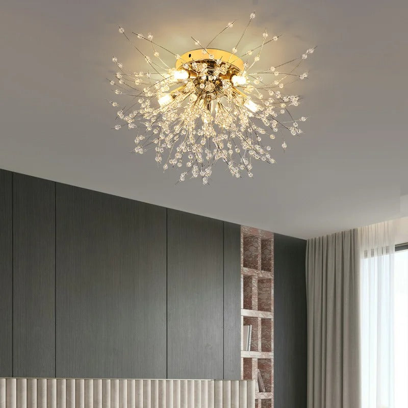 Plafonnier métal et perles de cristal en forme de pissenlit