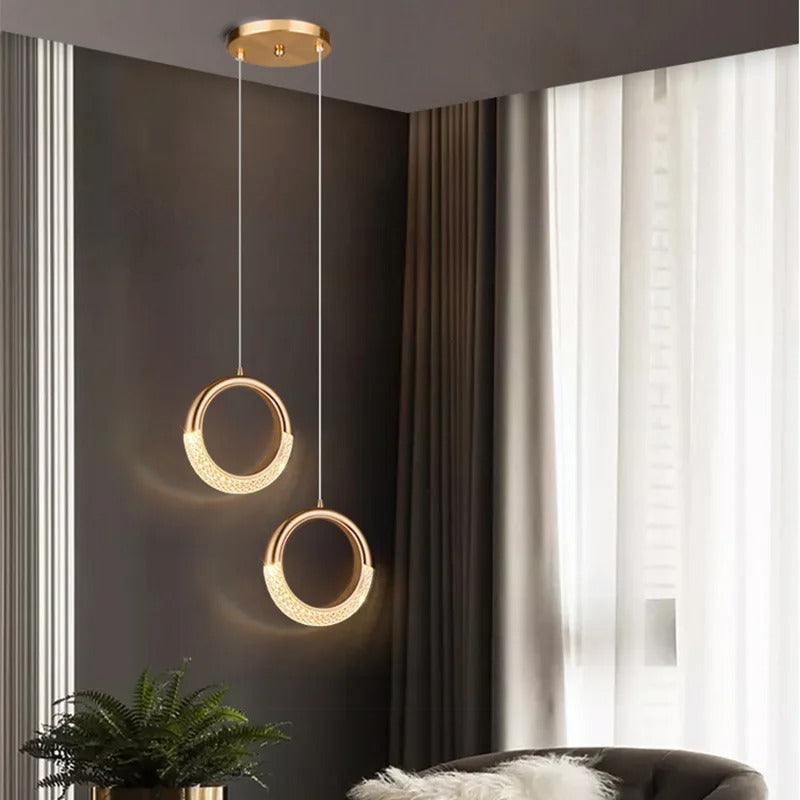 Suspension cercle doré et verre ondulé